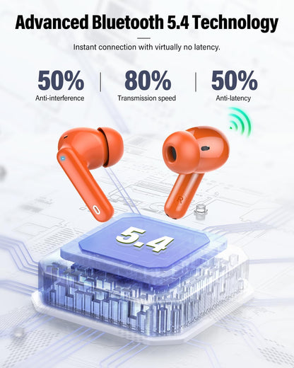 Wireless Earbuds, Bluetooth 5.4 Headphones Bass Stereo, Ear Buds with Noise Cancelling Mic, IP7 Waterproof in Ear Earphones, 36H LED Display Bluetooth Earbuds for Laptop Pad Phones Sports, Orange