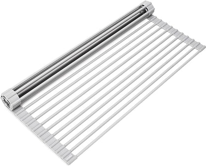 Surpahs 20.5 x 15.5 Inch Roll-Up Dish Drying Rack, Fits Across Sink Openings up to 19.5 Inches, Heavy-Duty Premium Silicone, Strong Support, Non-Slip, Heat-Resistant, Warm Gray