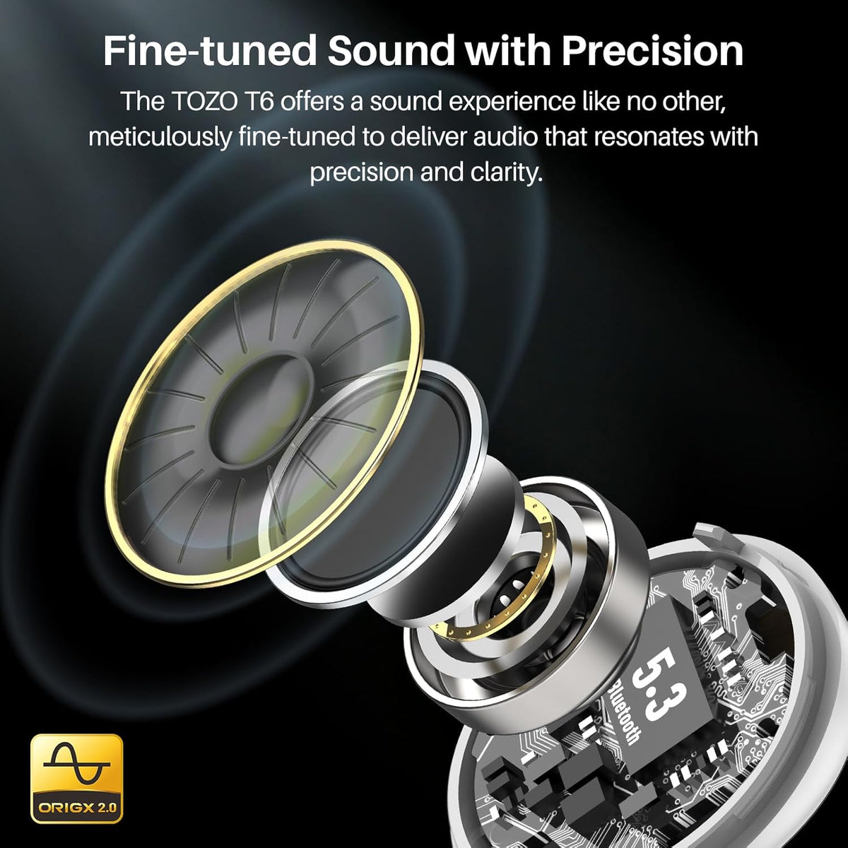 TOZO T6 Wireless Earbuds, IPX8 Waterproof Ear Buds, Stereo Bass Sound Bluetooth 5.3 Headphones in Ear, 50 Hours Playtime Earphones, Wireless Charging Case, Custom 32 EQ via APP