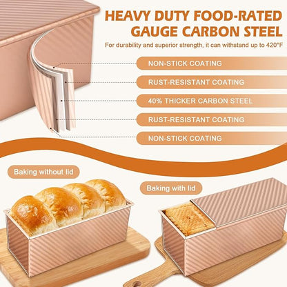 2Pack Pullman Loaf Pans with Lids – 2.2 LB & 1 LB Dough Capacity, Non-Stick Carbon Steel Bread Pans for Homemade Sandwich and Sourdough Bread, Corrugated Toast Mold