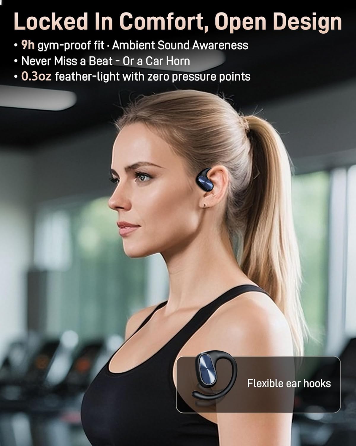 Open Ear Headphones, Bluetooth Wireless Open Ear Earbuds (0.3oz Lightweight) with 15mm Drivers, 45H Playtime, IPX5 for Sports, Fitness, Cycling, Running, Travel, Driving