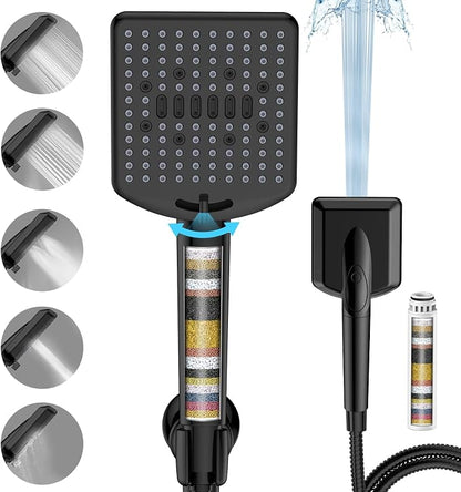 Homlord Filtered Shower Head with Handheld Matte Black - High Pressure 6 Modes, 120 Anti-clog Nozzles, Detachable Showerhead with Hard Water Filters, Extra Long 6ft Hose, Power Wash Mode for Bathroom