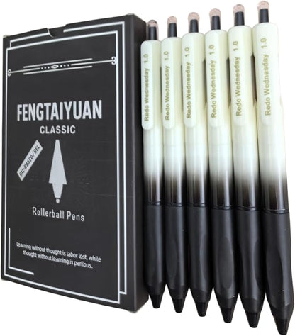 Fengtaiyuan Retractable Gel Pens, 1.0mm Bold Point, Quick Dry Black Ink, Gradient Black Barrel with Triangular Silicone Non-Slip Grip, Ergonomic Smooth Pens for Exam School Office [Pack of 6]