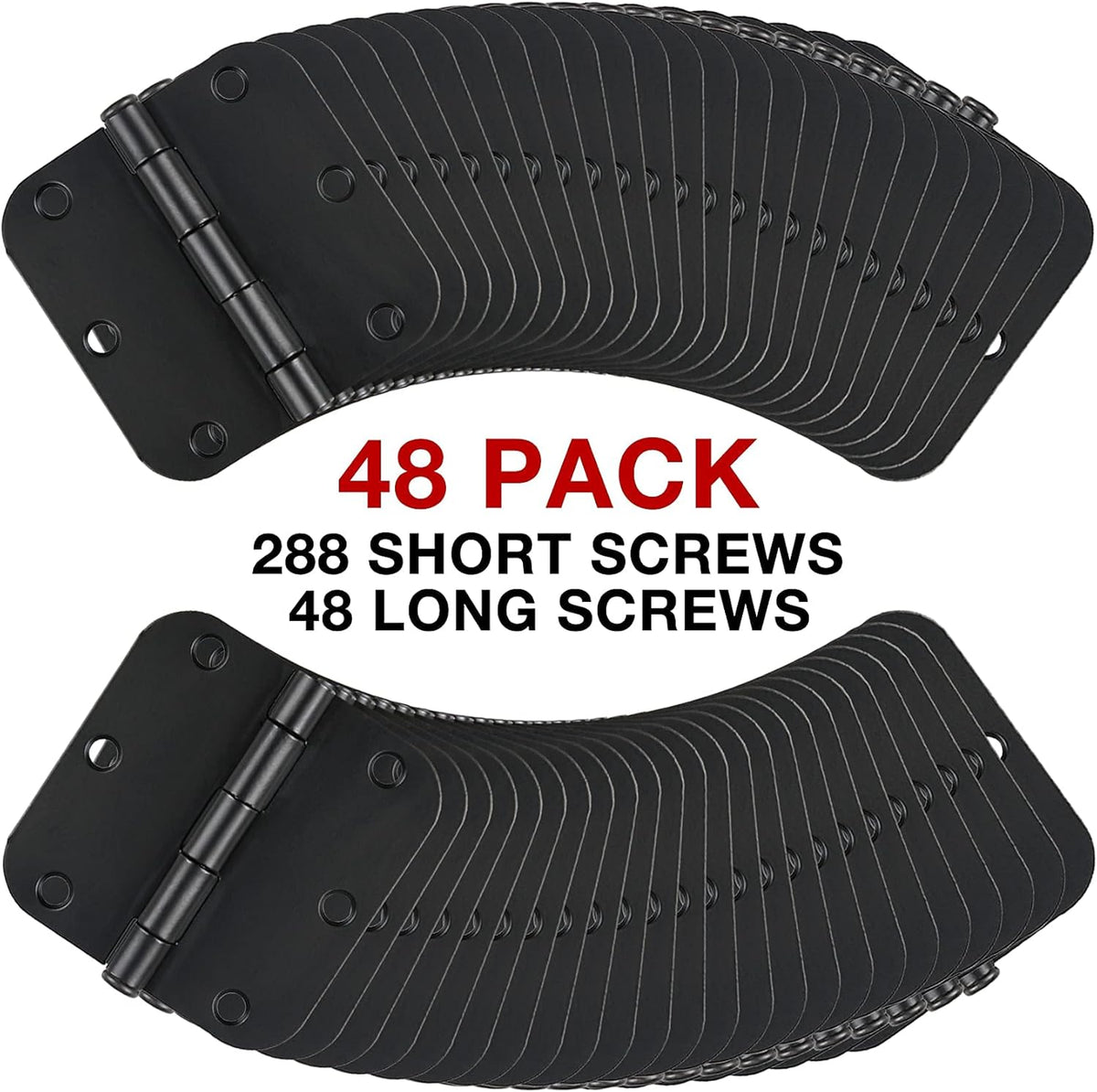 48 Pack Rounded Matte Black Door Hinges 3.5 Inch 5/8" Radius for Interior 3 1/2" Flat Iron Bifold Residential Standard Bedroom Indoor for Doors 3 ½"Hardware House Home Decor Essentials Accessories
