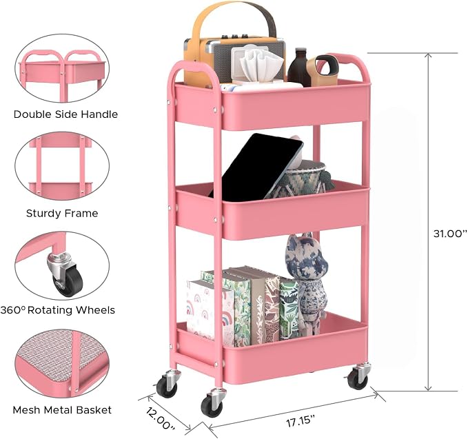 MAX Houser 3-Tier Rolling Utility Cart with Caster Wheels,Easy Assembly, for Kitchen, Bathroom (Pink)
