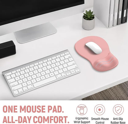 Ergonomic Mouse Pad with Wrist Rest, Gel Wrist Support, Pink | 10.2 x 7.6 in Mouse Pad with Smooth Fabric Surface and Non-Slip Rubber Base for Office, Home, Study, and Gaming