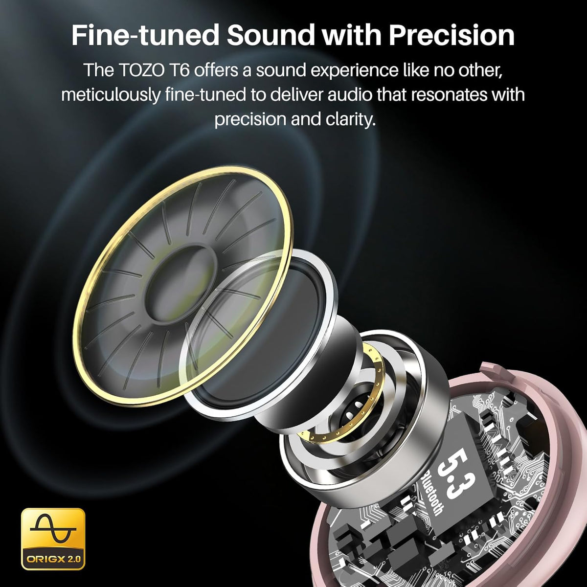 TOZO T6 Wireless Earbuds, IPX8 Waterproof Ear Buds, Stereo Bass Sound Bluetooth 5.3 Headphones in Ear, 50 Hours Playtime Earphones, Wireless Charging Case, Custom 32 EQ via APP
