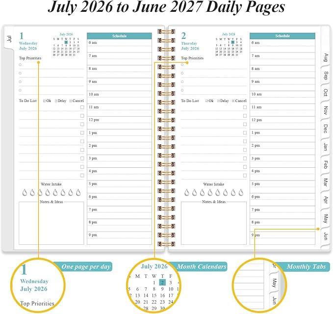 Daily Planner 2026-2027 Full Page Per Day- 2026-2027 Daily & Monthly Planner from July 2026 to June 2027, Day Planner 2026-27 with 12 Months Tabs, 6.4" x 8.5", Pink Flowers