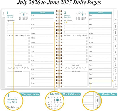 Daily Planner 2026-2027 Full Page Per Day- 2026-2027 Daily & Monthly Planner from July 2026 to June 2027, Day Planner 2026-27 with 12 Months Tabs, 6.4" x 8.5", Pink Flowers