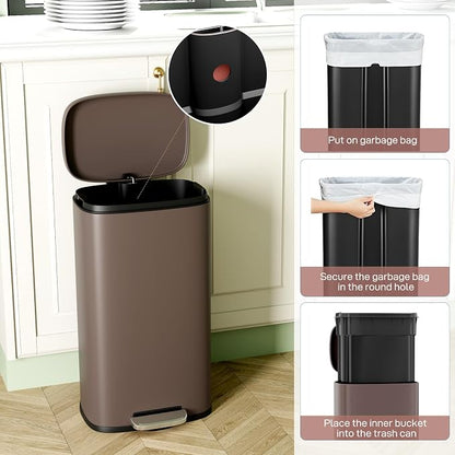 Arlopu 8 Gallon Step Trash Can, Stainless Steel Garbage Bin, Soft-Close Rubbish Bin with Removable Plastic Inner Bucket, Fingerprint-Proof, Lid Dustbin, Suit for Kitchen Home (Brown, 30L)