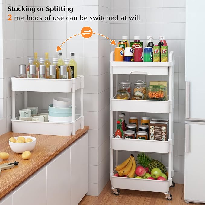 Calmootey 4-Tier Rolling Utility Cart with Drawer,Multifunctional Storage Organizer with Plastic Shelf & Metal Wheel,Storage Cart for Kitchen,Bathroom,Living Room,Office,White