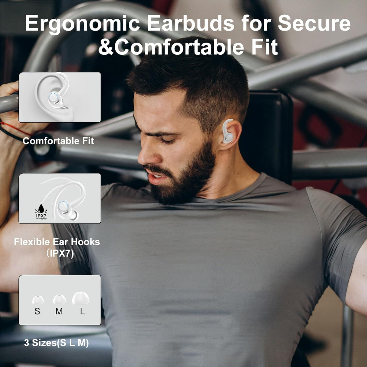 Wireless Earbuds Bluetooth 5.3 Headphones Sports, 48Hrs Playtime Bluetooth Earbuds with CVC 8.0 Mic, 2025 Stereo Bass Over Ear Bud with Earhooks, LED Display, IP7 Waterproof Earphon for Running White