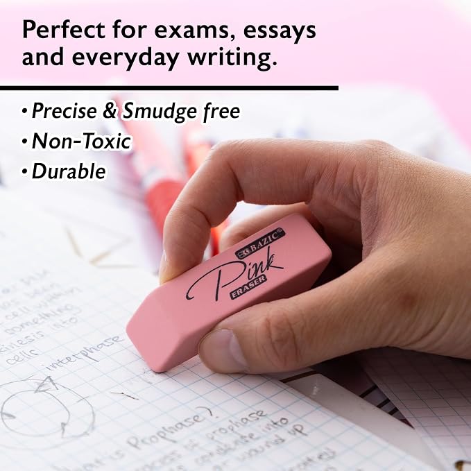 BAZIC Products Pink Bevel Block Erasers, Latex-Free, PVC-Free, 24-Box