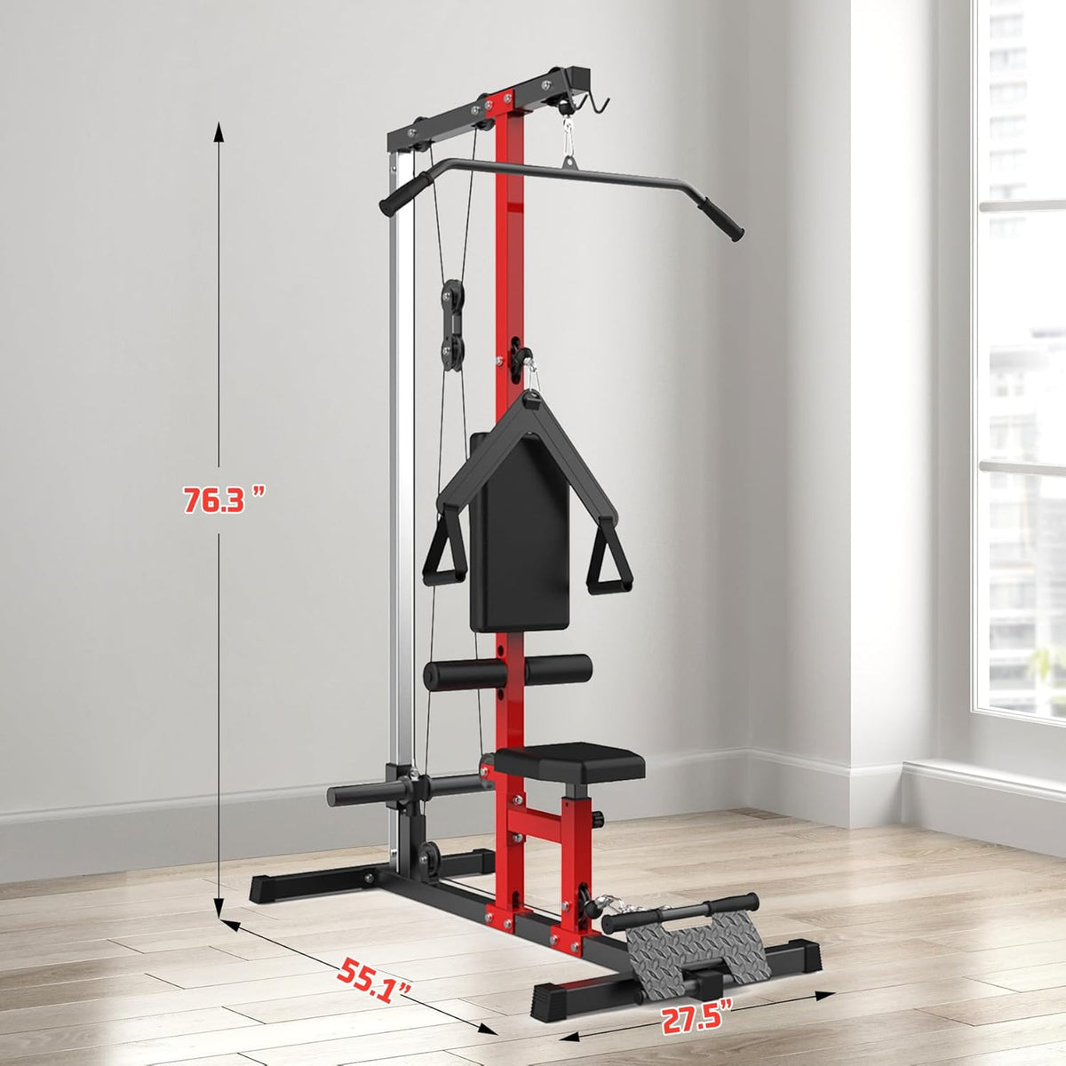LAT Pulldown Machine, Multi-Functional Cable Machine with High and Low Pulley Station, Row Cable Machine Home Gym with Leg Support, Tricep Workout Equipment