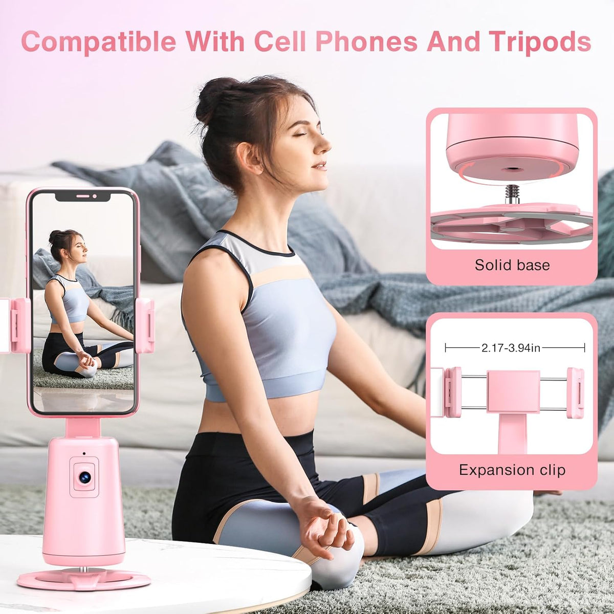 Auto Face Tracking Tripod 360° Rotating Cell Phone Photo and Video Kits Stand, No App, Phone Camera Stand with Remote and Gesture Control for Live Recording Tiktok Pink1