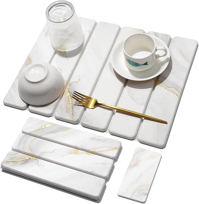 Small Stone Dish Drying Mat for Kitchen Counter, 15.7"×12" & 8"x4" Quick Dry Stone Mats, Foldable Water Absorbing Diatomaceous Earth Drying Dish Pad for Countertop Bottles Utensils Cup(Gold White)