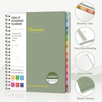 Planner 2026-2027, Academic Weekly and Monthly Calendar Planner, July 2026 - June 2027, Hardcover Spiral Agenda Book, School Supplies for Teacher Student - Letter Size(8.5" x 11")