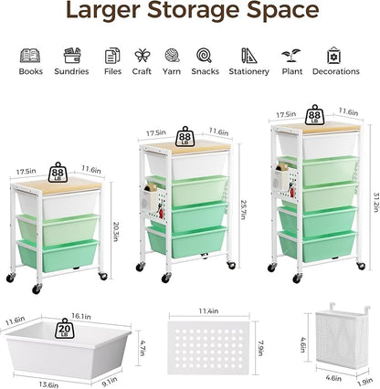 Rolling Cart with 4 Drawers, Plastic Drawer Storage Carts with Wheels & Wooden Tabletop, Metal Utility Cart with Pegboards, Office Living Room Classroom Craft Organization and Storage, Bright Green