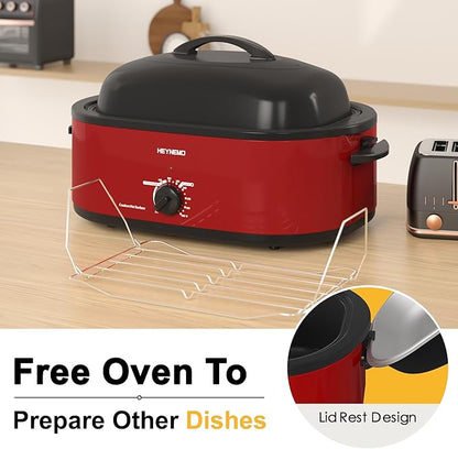 18 Quart Roaster Oven with Self-Basting Lid, Large Electric Turkey Roaster Oven with Defrost & Warm Function, Adjustable Temperature, Removable Pan & Rack, Stainless Steel, Red