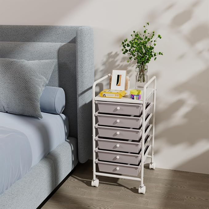 6-Tier Utility Cart with 6 Drawers, Rolling Utility Cart with 2 Lockable Caster Wheels, Multipurpose Mobile Rolling Drawer Cart for Office Bathroom Kitchen, Gray
