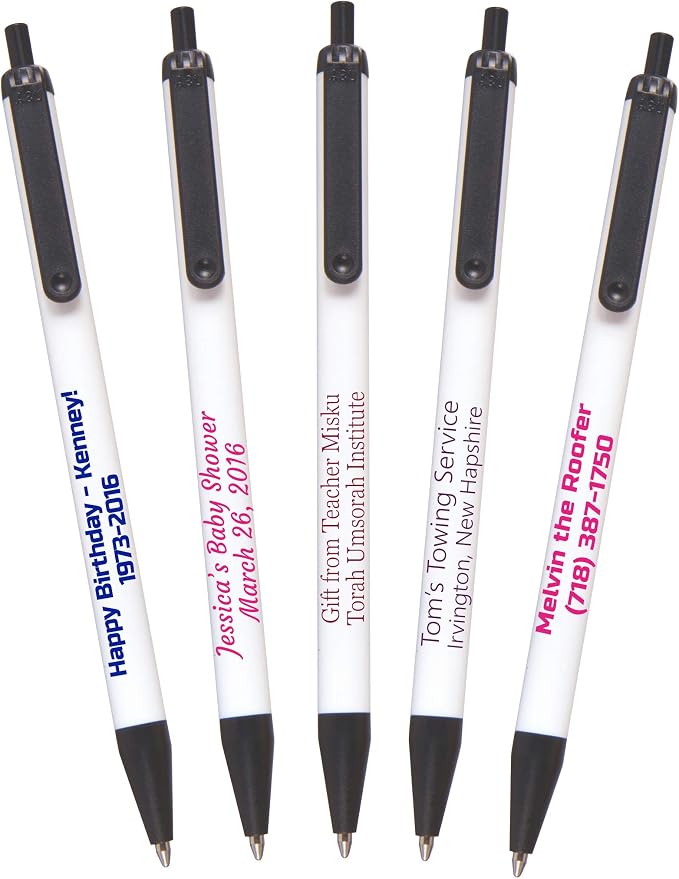 USA Made, Personalized Writing Ink Ballpoint Novelty Pens, Custom Printed with Your Logo & Text (Pack of 50 White Pens with Black Trim)