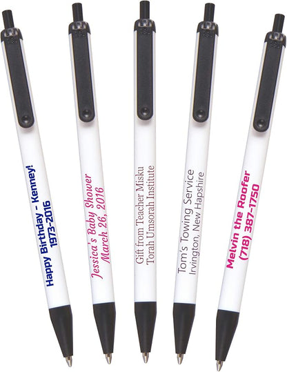 USA Made, Personalized Writing Ink Ballpoint Novelty Pens, Custom Printed with Your Logo & Text (Pack of 100 White Pens with Black Trim)
