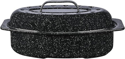 Granite Ware 13-inch oval roaster with Lid. Enameled steel design to accommodate up to 7 lb poultry/roast. Resists up to 932°F. Ideal for preparing meals for two!