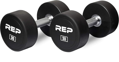 REP Fitness Urethane Coated Round Dumbbells, 5 to 100 lbs, Singles or Pairs, With or Without Rack, Steel Core, Rubber Encased, Chrome Handles, Professional Weights for Home Gym Strength Training