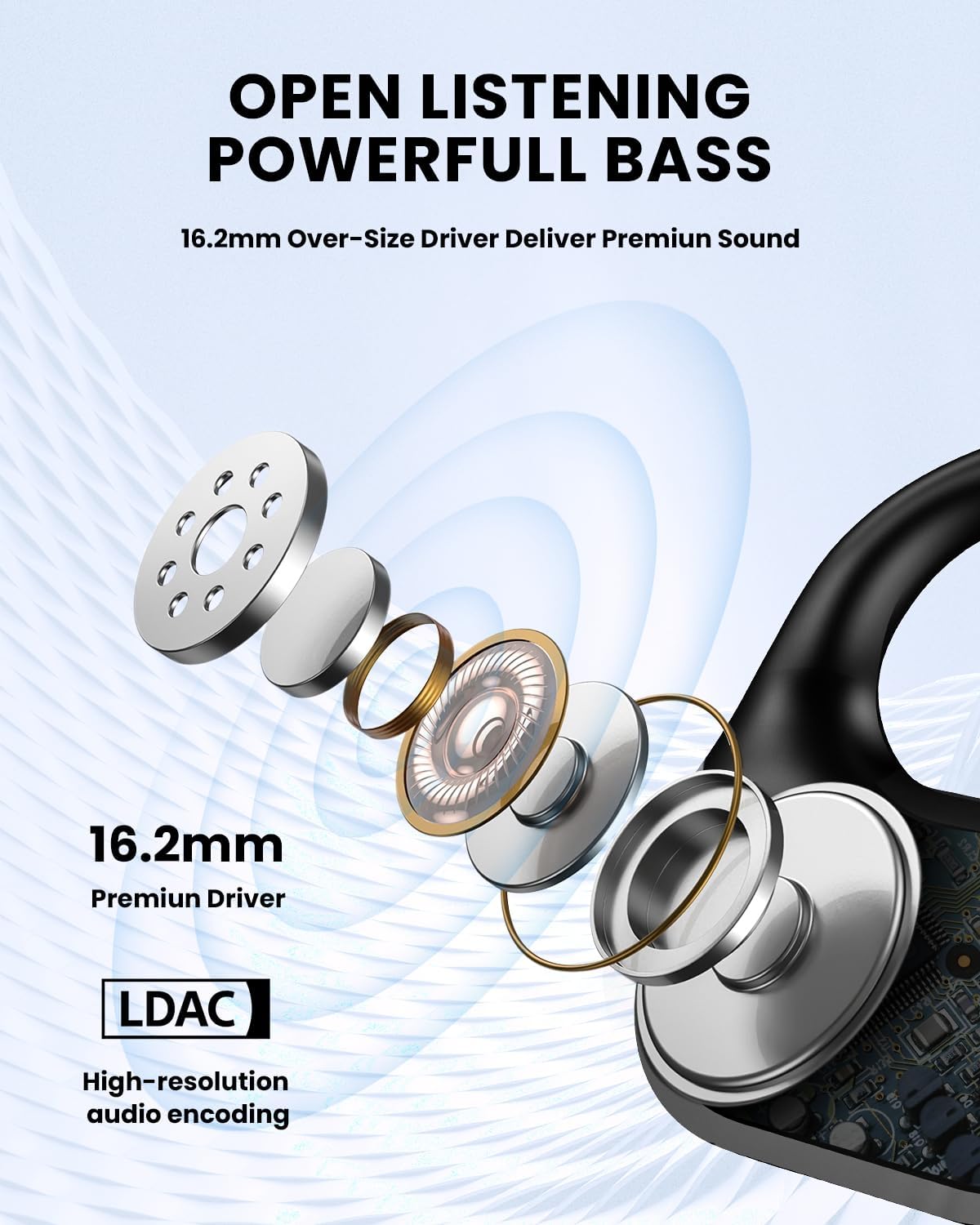 Open Ear Headphones,Bluetooth 5.3 Air Conduction Headphones ,Comfortable for Long Wear ,Powerful Bass,AI Clear Calls,30H Playback,IPX6 Light Weight Open Ear Earbuds with Ear-Hook for Workout,Running