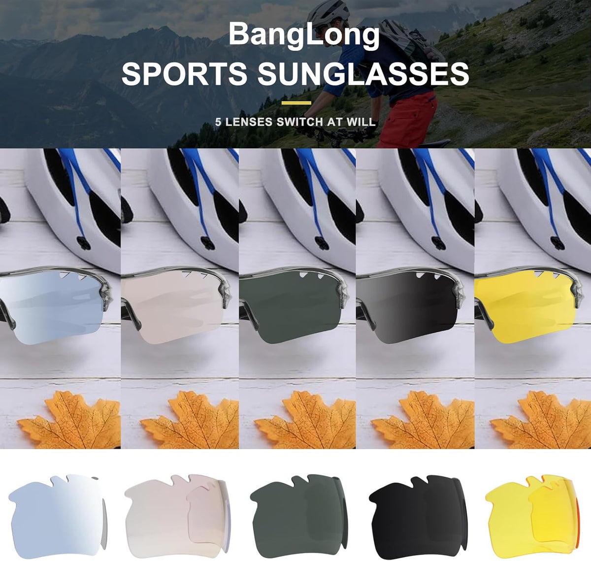 BangLong Polarized Sports Sunglasses Cycling Sun Glasses for Men Women with 5 Interchangeable Lenes for Running Baseball Golf