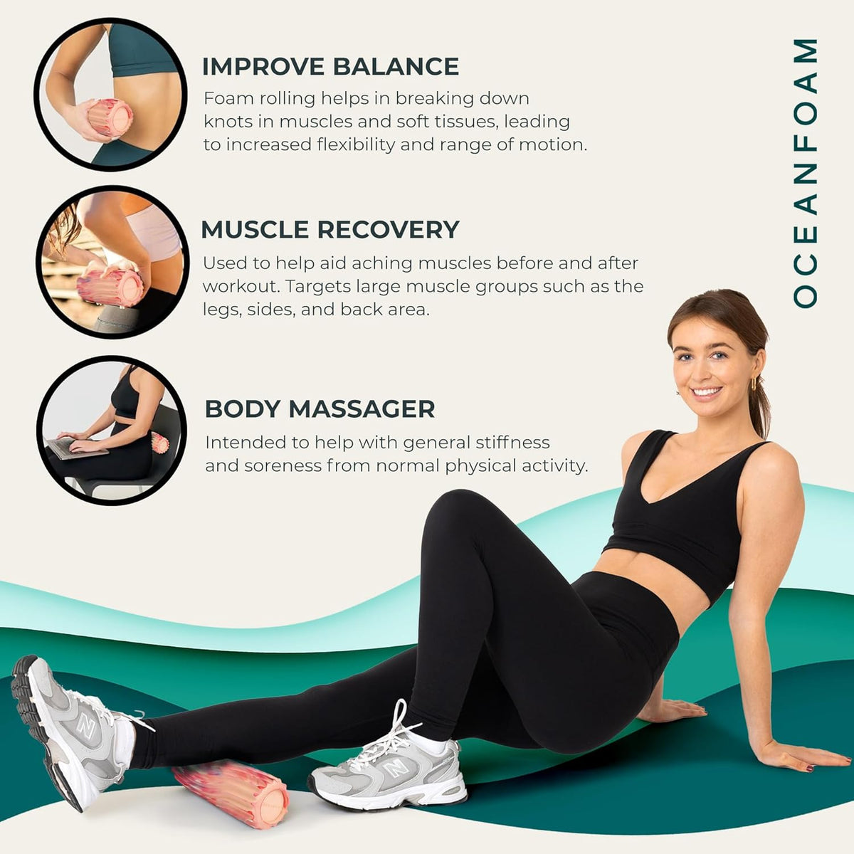 Oceanfoam Ripple Travel Foam Roller (11" x 3.35") Firm Mini Foam Roller for Physical Therapy, Deep Tissue Massage, Back Pain - High Density, Ergonomic Wave Textured - Yoga, Exercise (Cotton Candy)