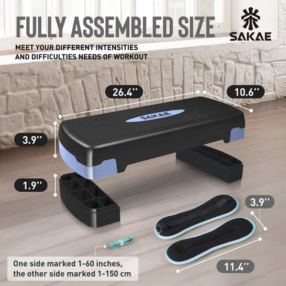 Adjustable Height Aerobic Stepper Set, Multiple Bundle Options with Dumbbells, Kettlebell, Waist Trimmer, Ankle Weights or Weighted Vest, Workout Exercise Step Platform w/Level Risers, 4 Colors