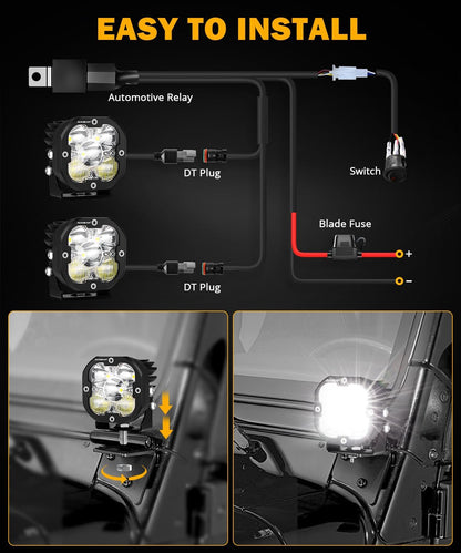 Auxbeam 3 Inch Led Pods Amber Fog White Off Road Driving Light XP-Ultra Series Spot Flood Combo Offroad LED Bar Cube Lights 80W Auxiliary Ditch Lights with White/Amber Light Covers, Pair