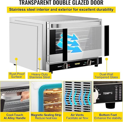 VEVOR Commercial Convection Oven, 66L/60Qt, Half-Size Conventional Oven Countertop, 1800W 4-Tier Toaster w/Front Glass Door, w/Trays Wire Racks Clip Gloves, 120V