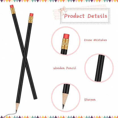 Outus 24 Pieces Round Pencils Cute HB Graphite Wood Pencils Bulk with Eraser for School Writing Drawing Sketching Wedding Office Supplies(Black)