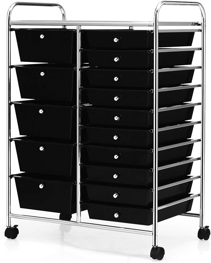 GOFLAME 15-Drawer Rolling Storage Cart, Craft Storage Cart with Removable Drawers & Lockable Wheels, Art Cart Supply Storage Organizer for Home Office Classroom, Black