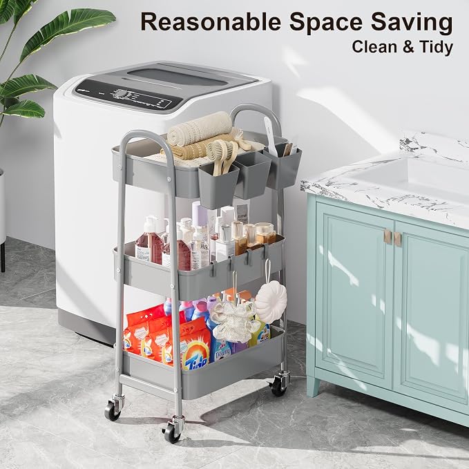 3 Tier Gray Metal Rolling Cart, Mesh Storage Cart with Handle and Lockable Wheels, Multifunctional Three Tiered Utility Organizer Carts for Kitchen, Office, Bathroom, Craft, Art, Snack, Baby Supplies
