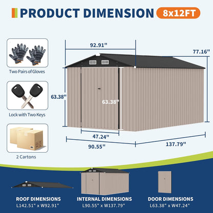 8x12x6.4 FT Outdoor Storage Sheds, Metal Garden Tool Shed for Backyard, Large Metal Sheds Outdoor Storage With Lockable Doors & Air Vents for Backyard Garden Patio Lawn