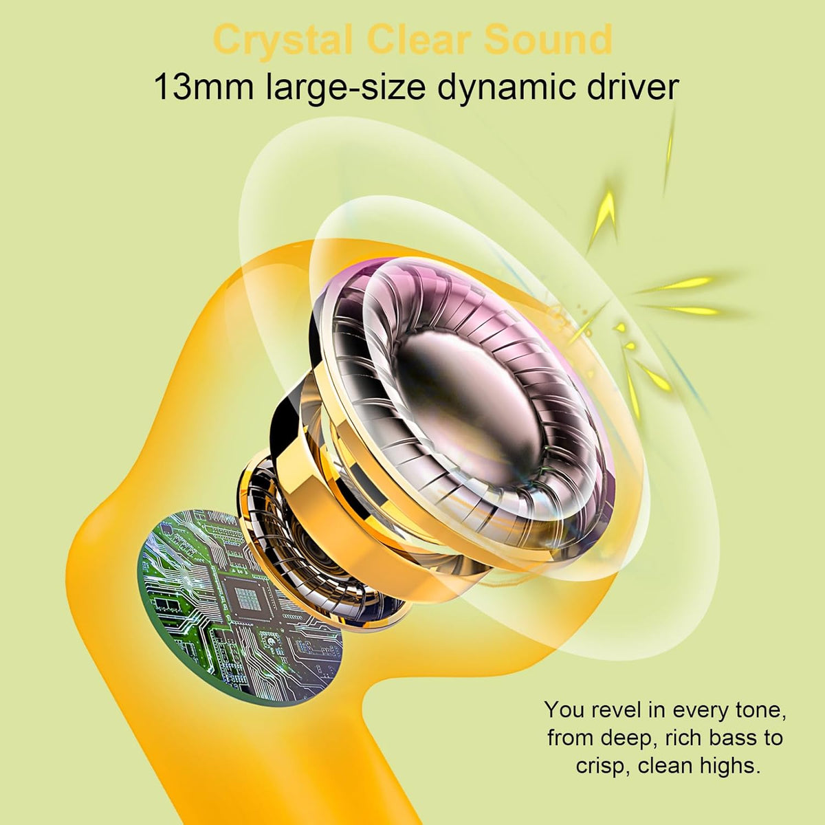 Wireless Earbuds, Bluetooth 5.4 Headphones in Ear with Noise Cancelling Mic, Bluetooth Earbuds Stereo Bass, IP7 Waterproof Sports Earphones, 32H Playtime USB C Charging Ear Buds Yellow for Android iOS
