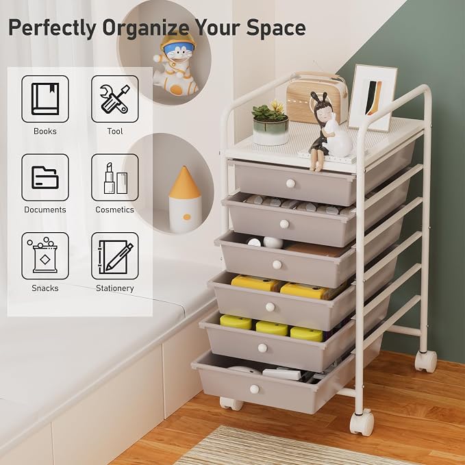 6-Tier Utility Cart with 6 Drawers, Rolling Utility Cart with 2 Lockable Caster Wheels, Multipurpose Mobile Rolling Drawer Cart for Office Bathroom Kitchen, Gray