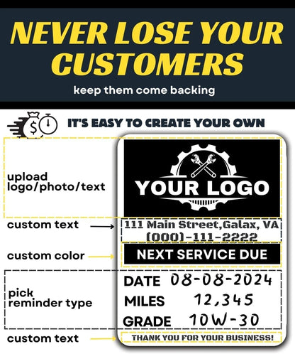 Oil Change Stickers for Windshield Personalized with Your Logo- Custom Oil Change Labels 2''-2.8'', Clear and White Next Service Due Labels for Car Auto Vehicle Window,50-10k Stickers (Small)