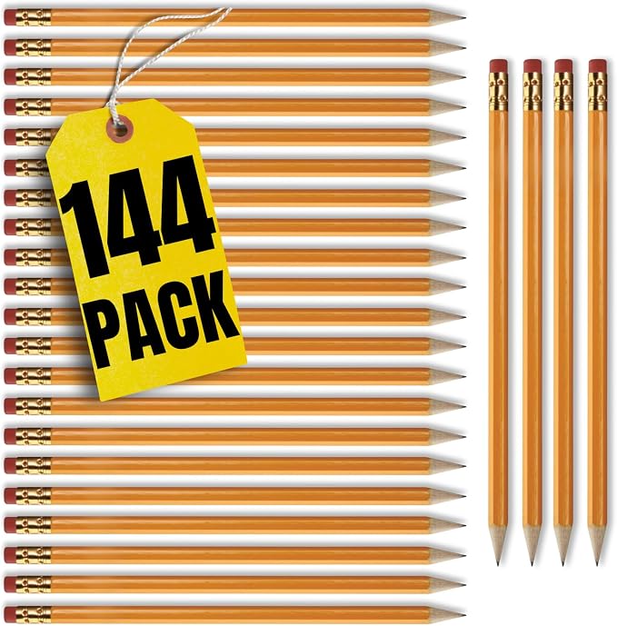 1InTheOffice Pre Sharpened Pencils #2, Pencils with Eraser, 2 HB, Wood-Cased, Black Lead, Yellow Barrel (144)