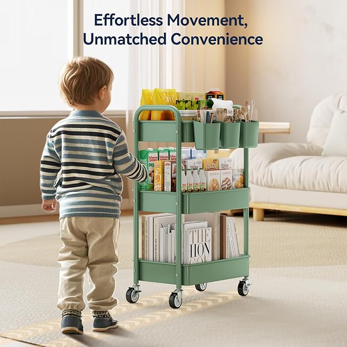 YASONIC 3-Tier Rolling Cart, Green, 66 Pounds Capacity, Mesh Storage Organizer with Lockable Wheels, 3 Hanging Cups, 4 Hooks, Easy Assembly, for Kitchen, Bathroom, Laundry, Grocery