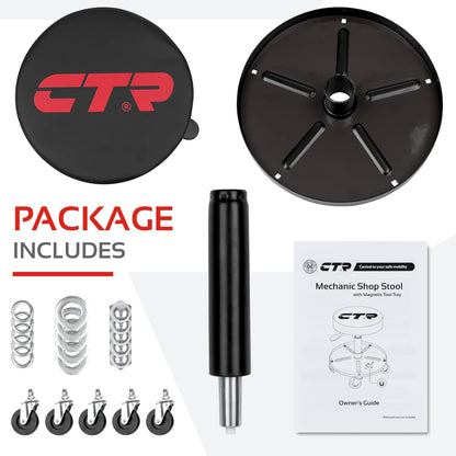 CTR Rolling Mechanic Shop Stool with Magnetic Tool Tray, Heavy Duty Work Stool, Adjustable Garage & Workbench Stool with Wheels, Creeper Seat Shop Chair