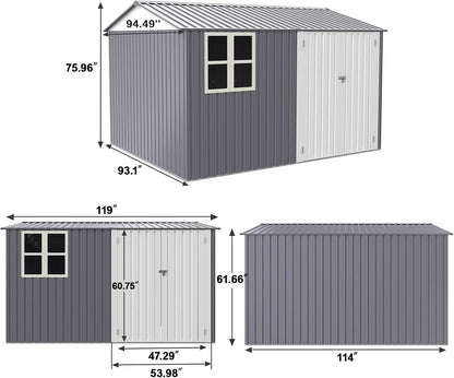 8x10 FT Outdoor Storage Shed, Metal Garden Shed with 4-pane Window, Outside Tool Shed with Lockable Hinged Doors & 4 Air Vents, Waterproof Storage Building for Backyard, Patio, Lawn, White+Gray