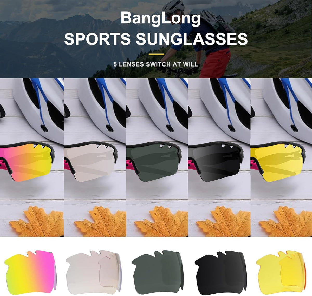 BangLong Polarized Sports Sunglasses Cycling Sun Glasses for Men Women with 5 Interchangeable Lenes for Running Baseball Golf