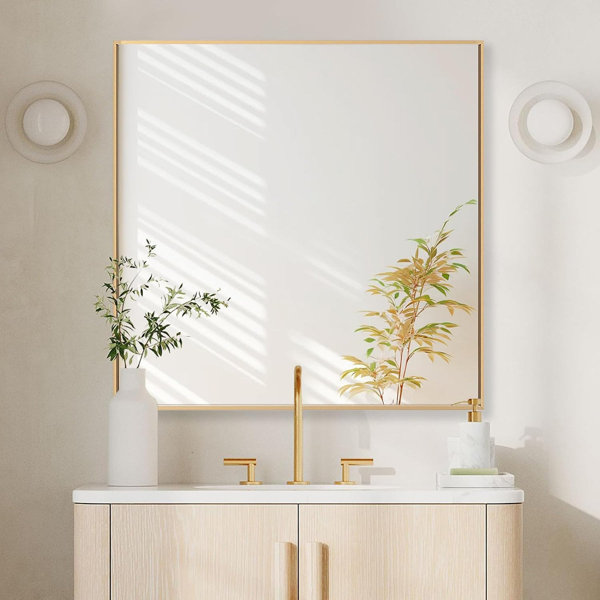 30x30 Inch Orange Gold Bathroom Mirror for Wall, Aluminum Frame Rectangle Rectangular Vanity Mirror, Modern Large for Bedroom, Living Room, Horizontal or Vertical