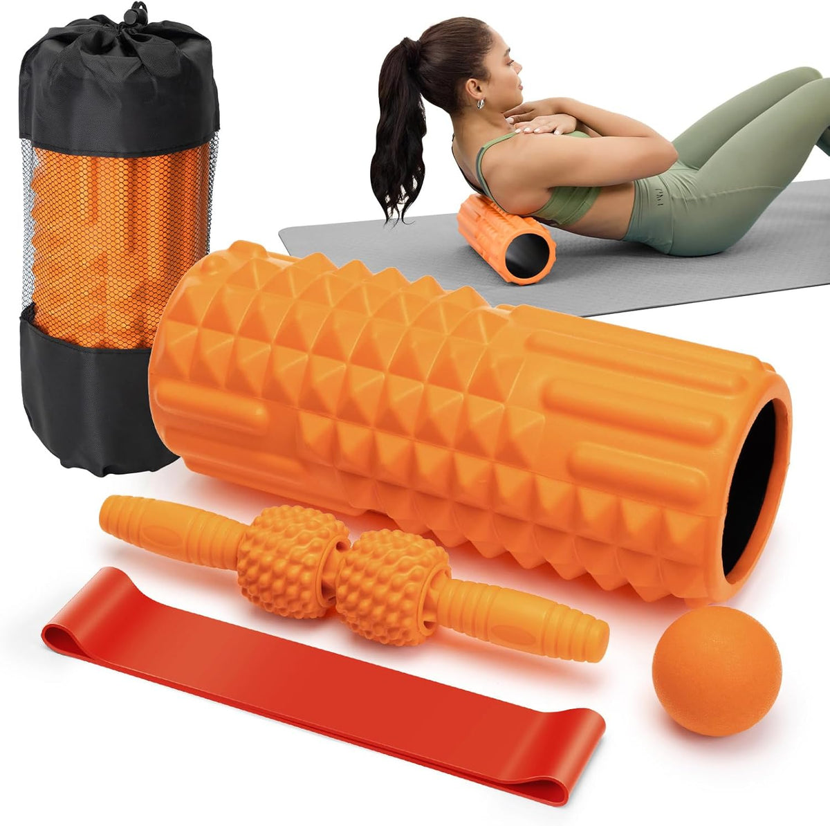 5 in 1 Foam Roller Set - Deep Tissue Foam Roller, Muscle Roller Stick, Massage Ball, Resistance Band for Physical Therapy & Deep Tissue Muscle Massage (Orange)