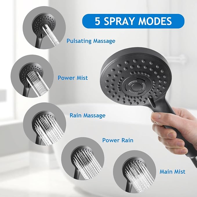High/Low Pressure Water Rain Shower Head with 11 Inch Adjustable Extension Arm and 5 Settings Handheld Shower Head Combo,Powerful Shower Spray - Matte Black, 12 Inch