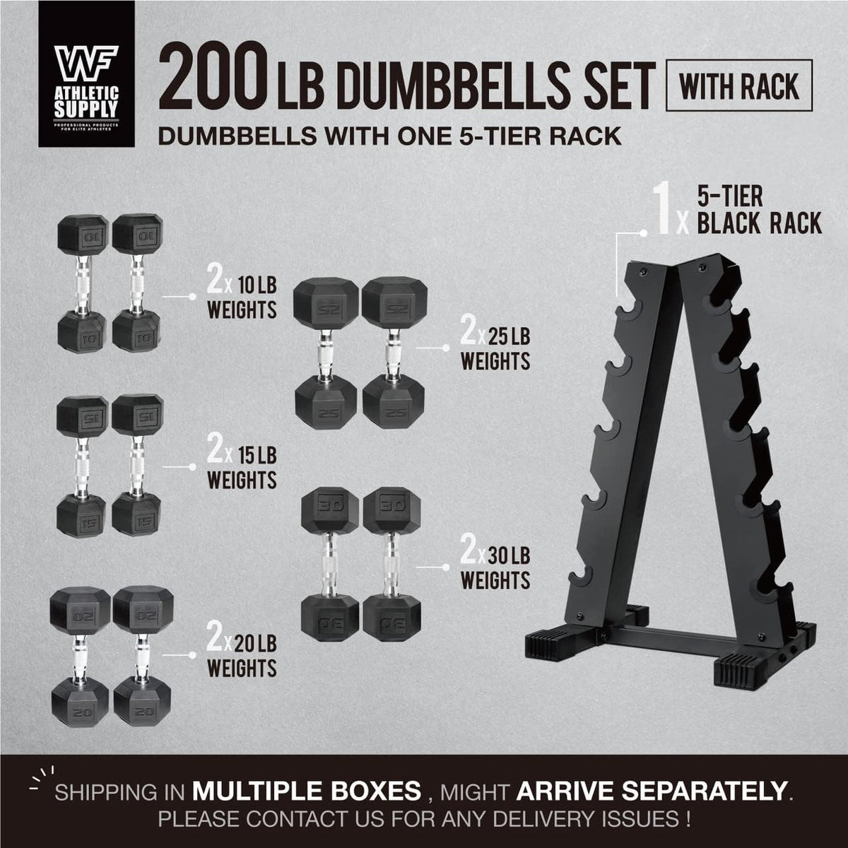 WF Athletic Supply 200Lb Dumbbell Set, 10-30Lb Dumbbell Set with A Frame Storage Rack for Muscle Toning, Strength Building & Weight Loss - Multiple Choices Available